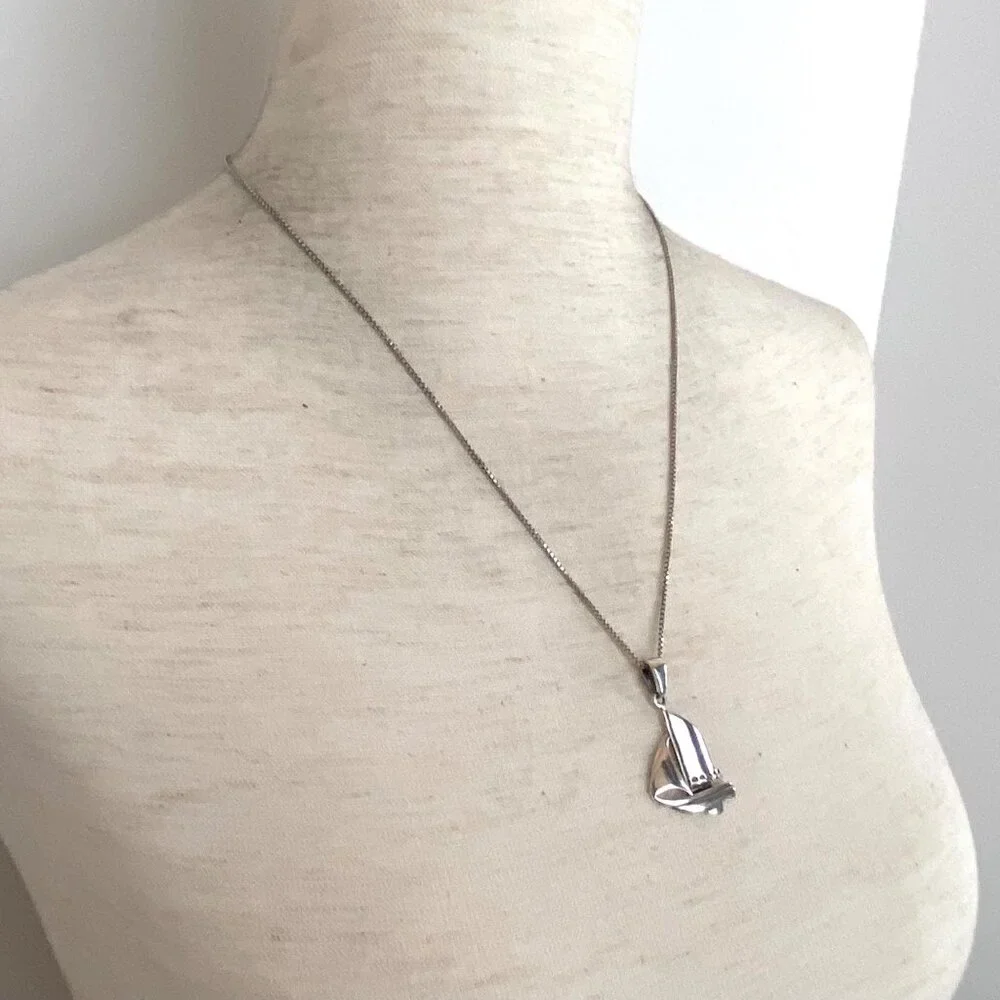 Sterling Silver 925 Unisex Sailboat Nautical Boat Pendant Necklace 20